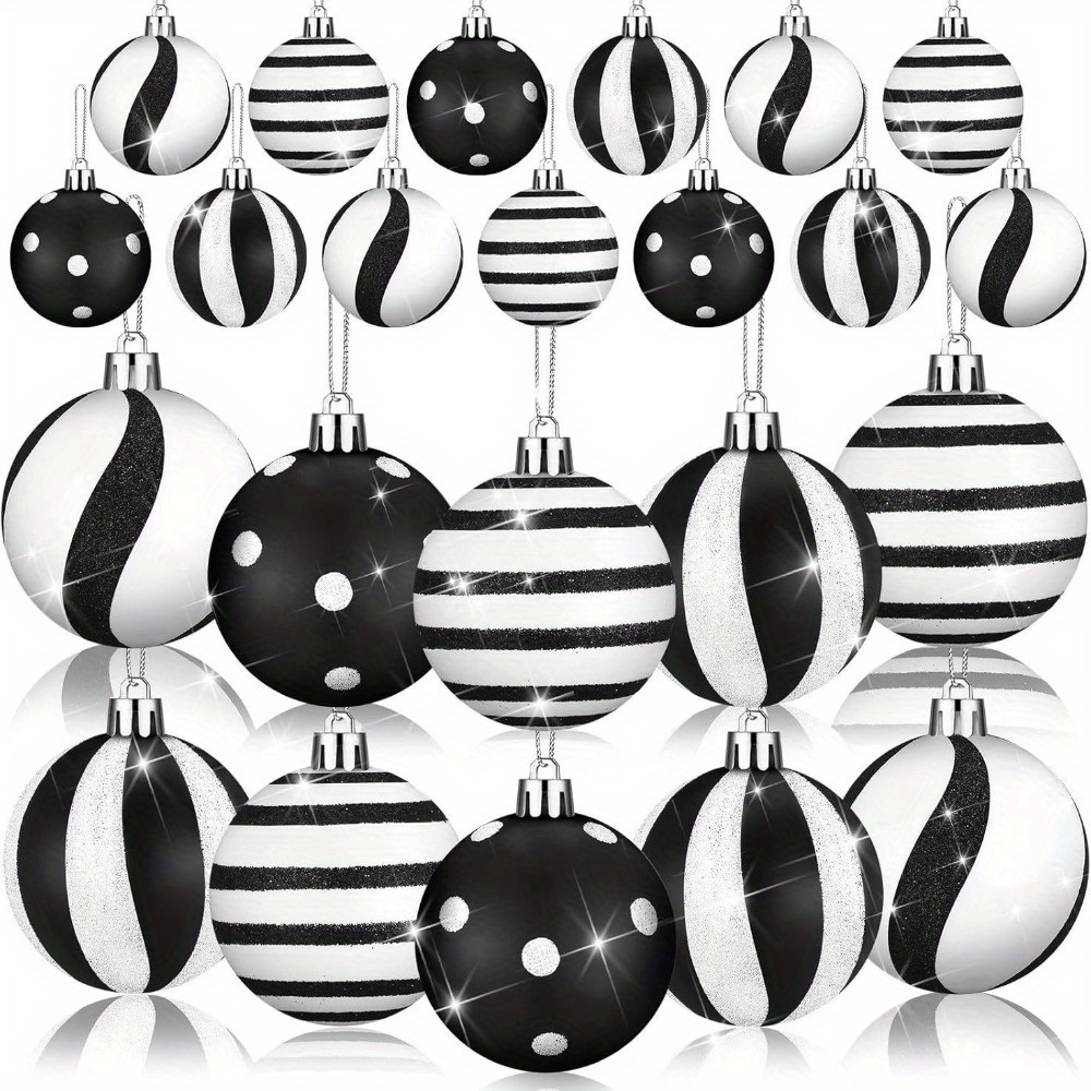 Set Of 12 Black And White Striped Christmas Ornaments For Hanging On , Including Painted Balls And Flower Balls