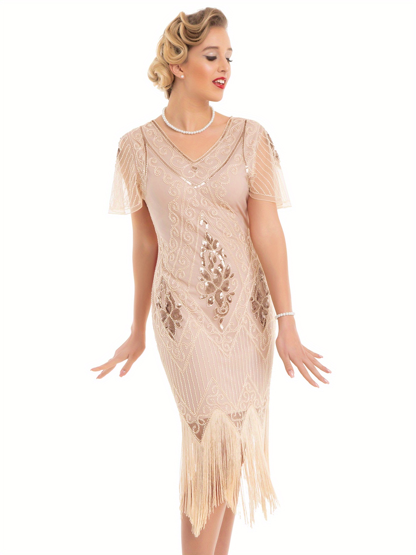 chinese dress ladies Queendancer Women's Pink Plus Size 1920s Dress V Neck Sequins Great Gatsby  Dress  queendancer