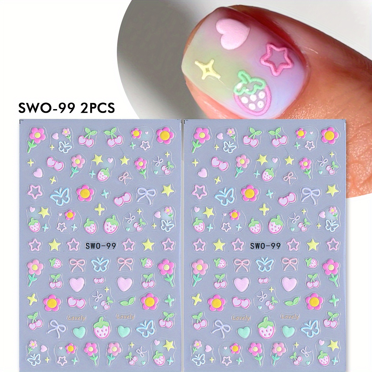 2 Element Nail Art Stickers Simple Cherry Cute Decals Colorful Bow Design Valentine's Manicure For Women And