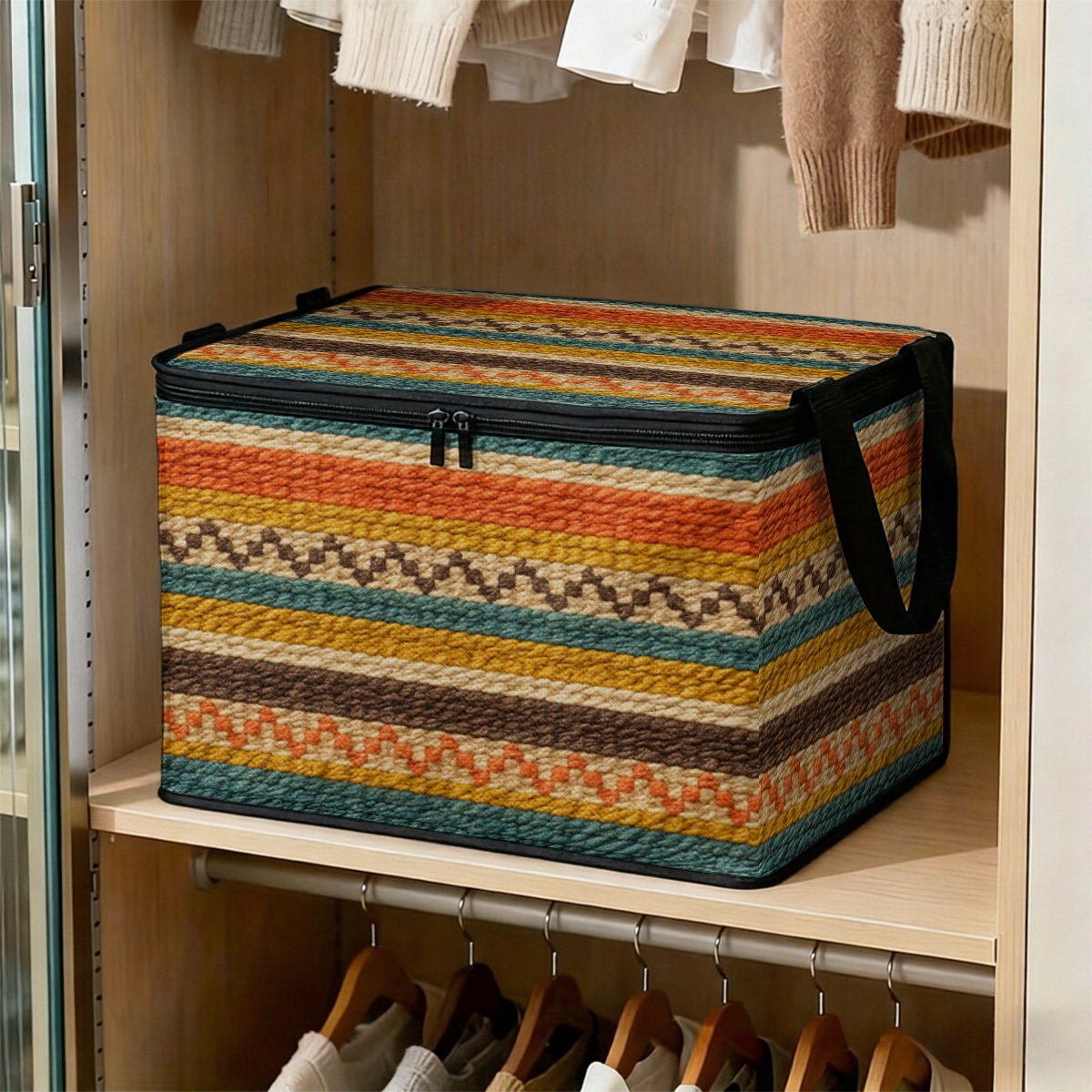 TEMU 1pc Extra Large Foldable Zippered Storage Box, Vintage Warm Orange And Green Contrast Ethnic Stripe Print Design, Suitable For Storing Clothes,