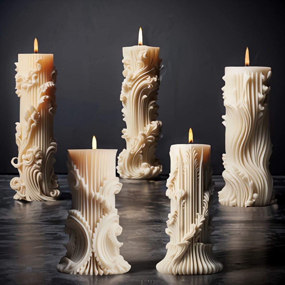 

5pcs European Cylinder Silicone Candle Molds Set, Anniversary Theme, 3d Baroque Irregular Shaped Diy Resin Wax Molds For Candle Making, Unique Homemade Silicone Moulds Kit