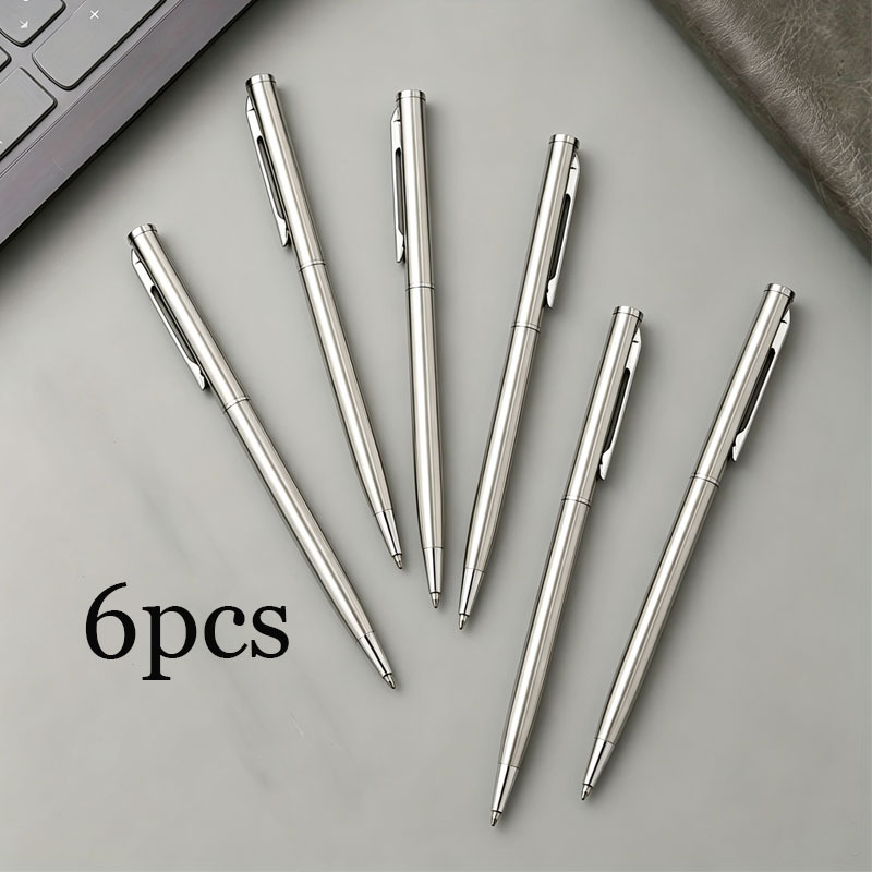 TEMU 6-pack Silvery Stainless Steel Retractable Ballpoint Pens, Medium Point Writing Nib, Smooth And Ink Flow, Sturdy And Durable; Suitable For ,
