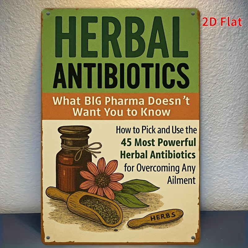 TEMU 2d Flat, 2d Flat Print Style, 1 Vintage Herbal Antibiotics Wooden Sign - Herbal Relax Chart With List: Garlic, Sea Aloe, Ginger - Vintage Wall