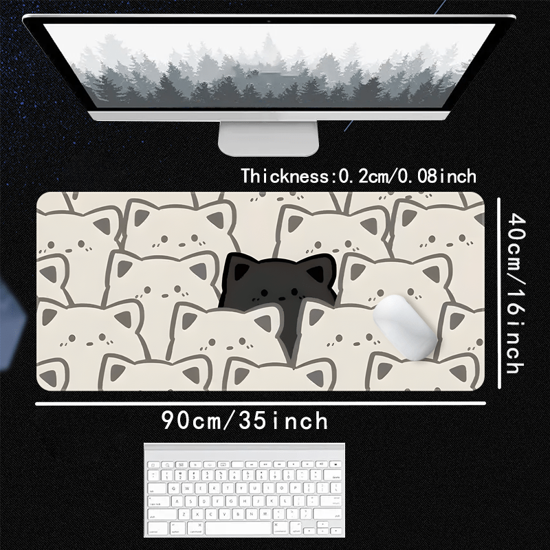 TEMU Xxl Cute Cat Face Mouse Pad - Black And White Design, Large Non-slip Rubber Base, Stitched Edges, For Gaming & Office Decor, Perfect Gift For ,