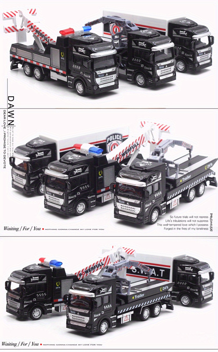 1pc Alloy Police Rescue Vehicle Pull-back Car Model, Traffic Rescue Vehicle Crane Transporter Car Model