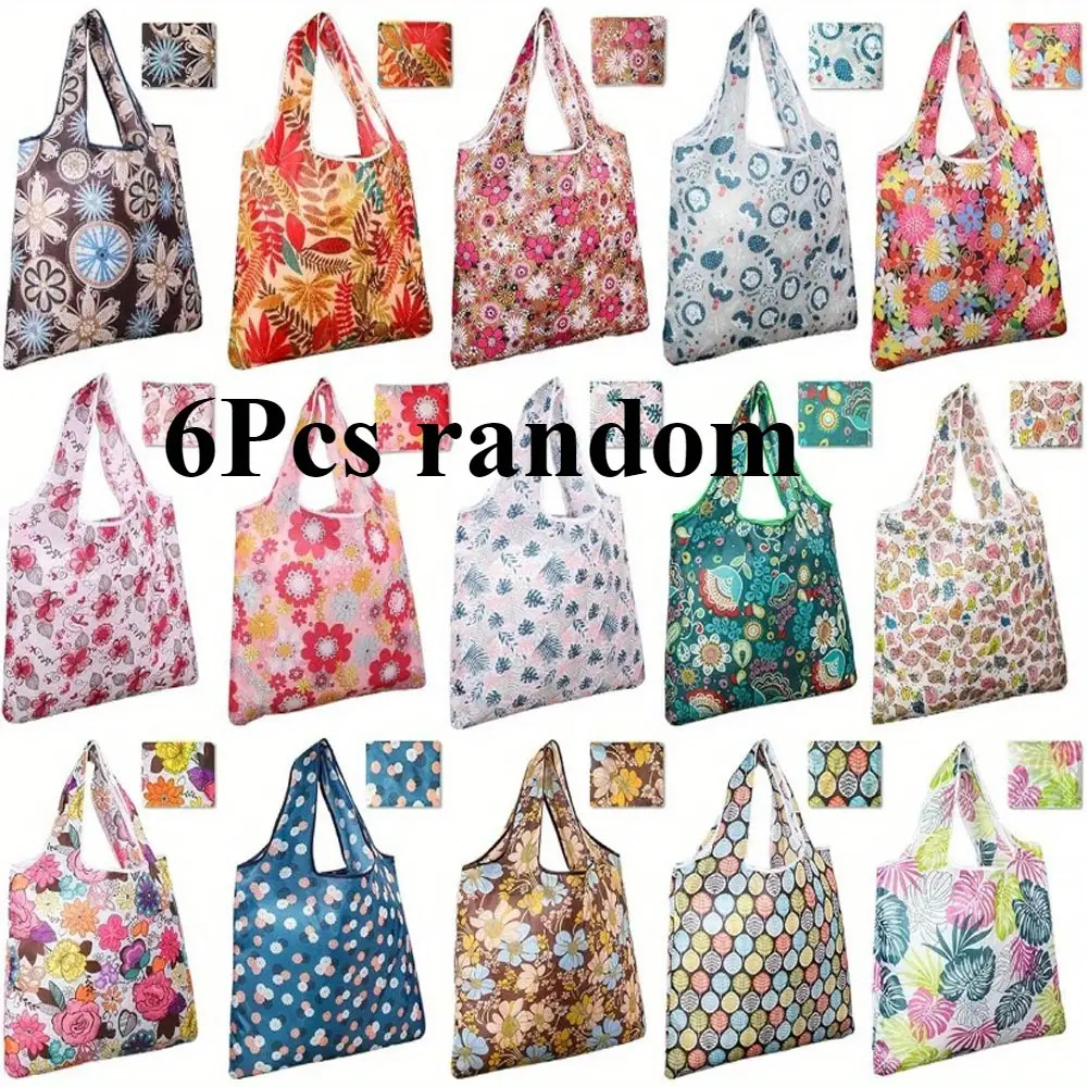 6/10pcs Random Pattern Reusable Grocery Bags Polyester Shopping Bags For Groceries Reusable Bags Foldable Shopping Bag