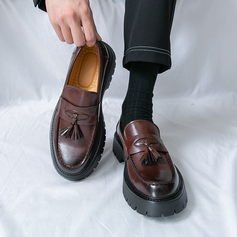 brown platform dress shoes Women Round Toe Lace Up Leather Chunky Brogue Shoes Platform Oxfords in Brown/Red 6.5 / Red main image 1