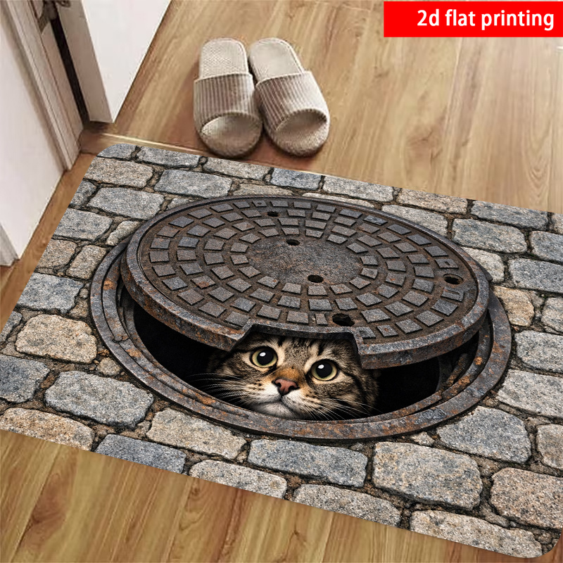 TEMU 2d Flat Printing, 1pc, Cat Pattern Floor Mat, Fleece Material, Printed With A Cat Under A Design, Suitable For Indoor And Outdoor Entrance Floor