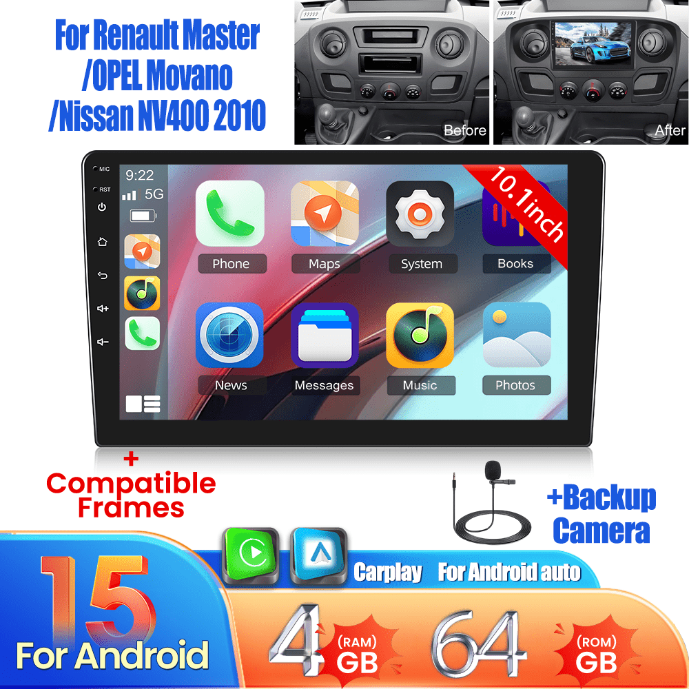 Image of [4+64gb] 15 Car Radio For Renault Master/ / 2010, 10-inch Touchscreen Car , Auto Wireless, Radio Screen, Gps, Fm, Microphone, Ahd Backup Camera