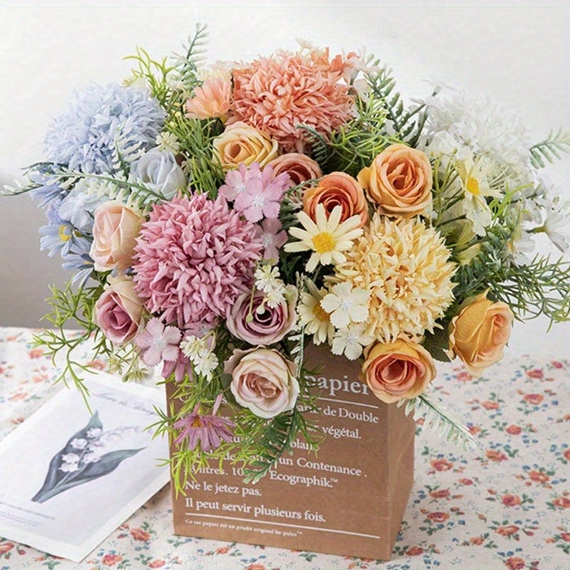 4pcs Mixed Color Artificial Hydrangea Rose Flowers Bouquets, 11.6in Artificial Flowers Bouquets For Wedding, Home Table Decorations