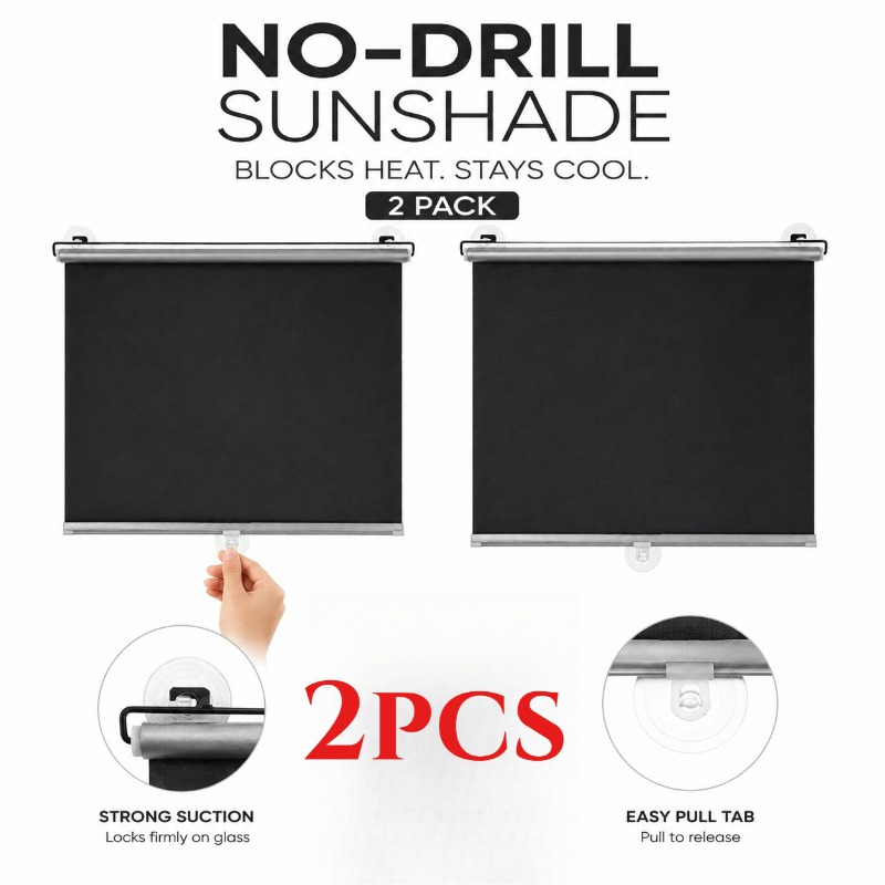 TEMU 2pcs No-drill Strong Suction Cup Sun Shade Curtains, Single Titanium Silvery Coating Automatic Retractable Roll-up Curtains, Thermal Insulation,