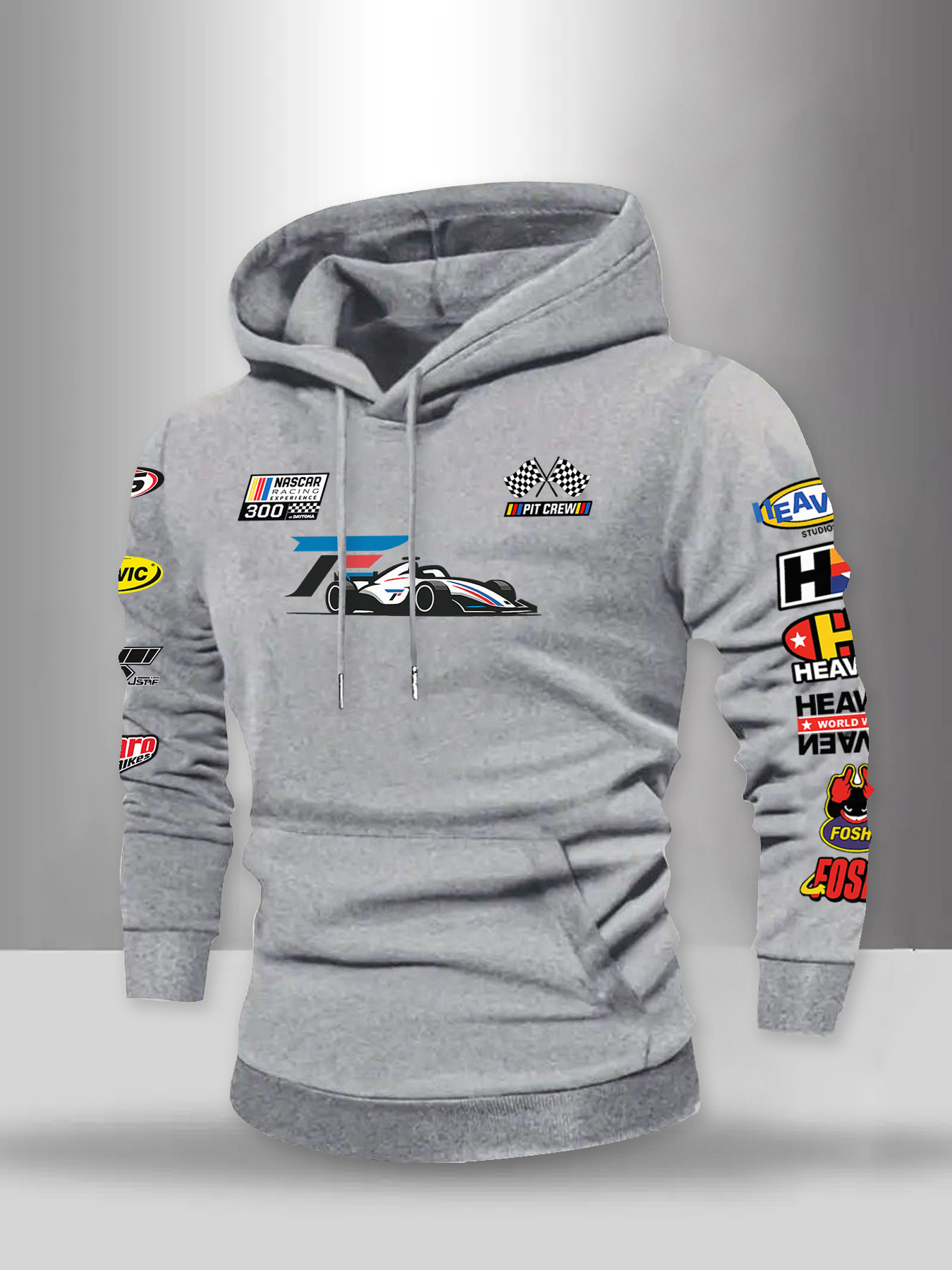 Nieuw, veelkleurig sweatshirt met race-thema en trendy patroon voor heren