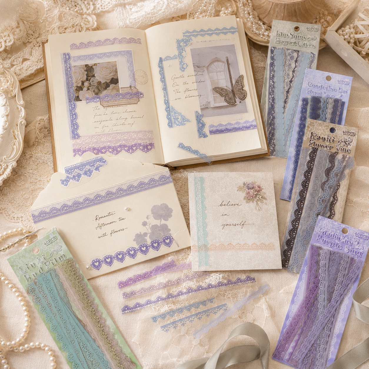 40pcs PET Transparent Lace Border Stickers for Scrapbooking