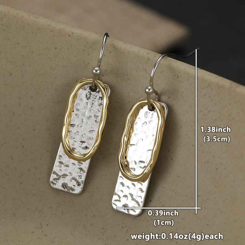 Two-Tone Long Silvery Hammered Drop Earrings for Everyday Wear