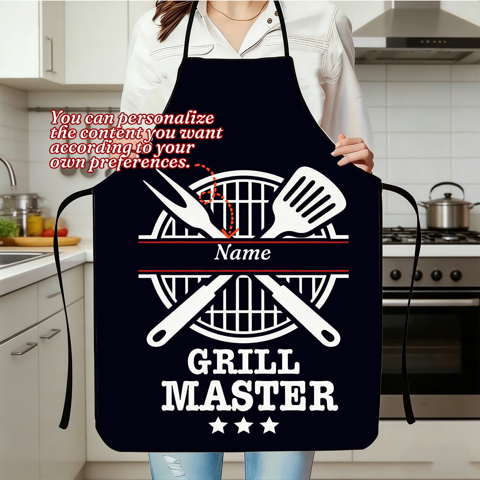 TEMU 1pc Personalized Apron, White Bbq Tools And Grill Grid , "" Text, Custom Name Uniform, Outdoor Cooking Party Gift