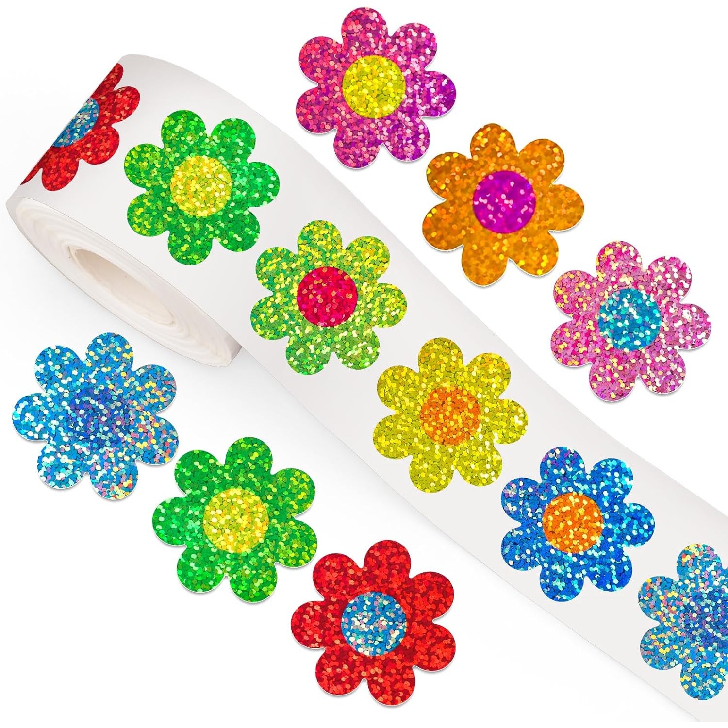 E-shop 500 Stück Federblumen Aufkleber Rolle Holografische Siegel Aufkleber Funkelnde Bunte Chrysanthemen Selbstklebende Aufkleber für Geburtstag, ,