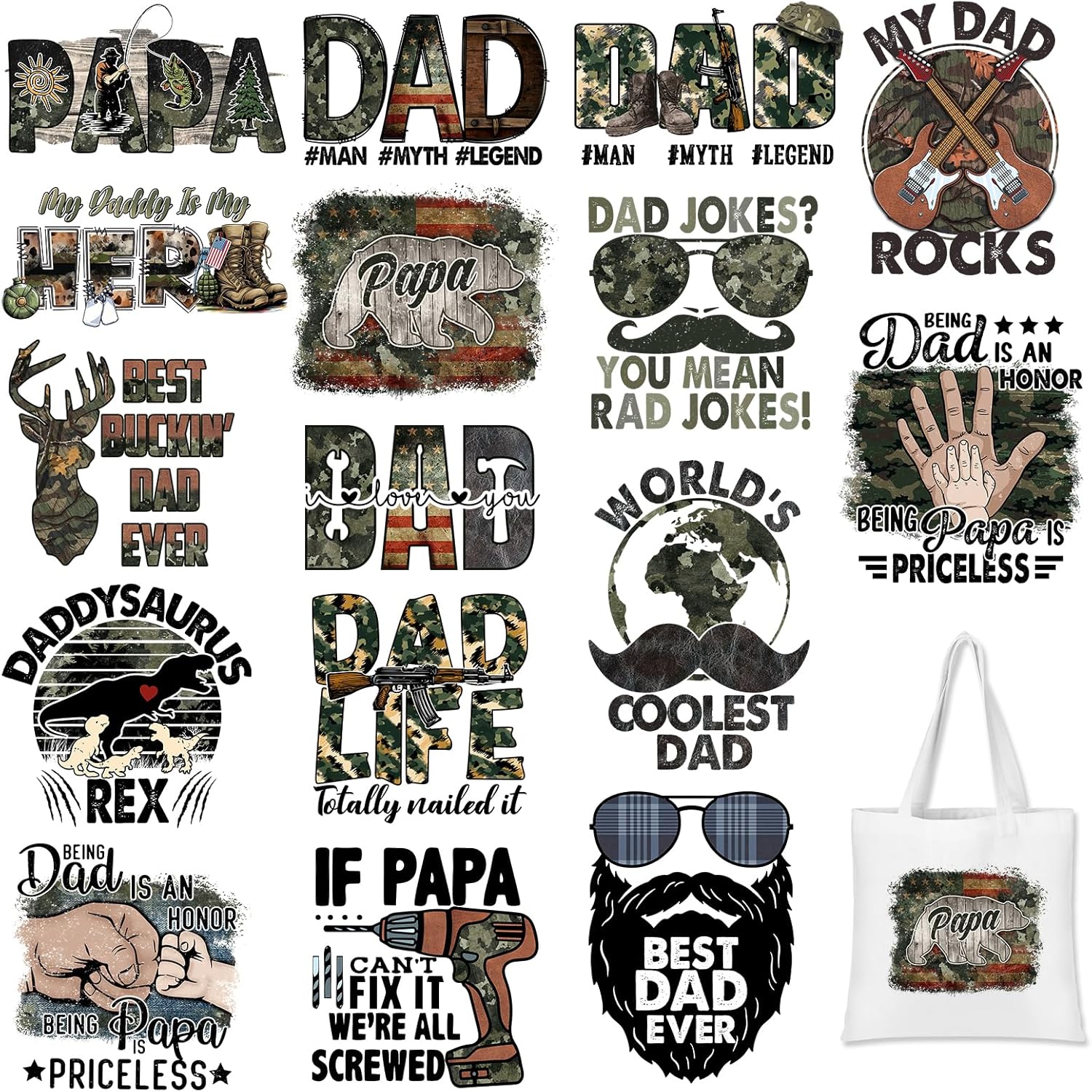 TEMU 16 Sheets Compatible For T-shirts & Diy Patches Dtf Iron On Transfers - Ready-to-press Camo Papa Heat Transfer Vinyl Sheets With Dad Camouflage