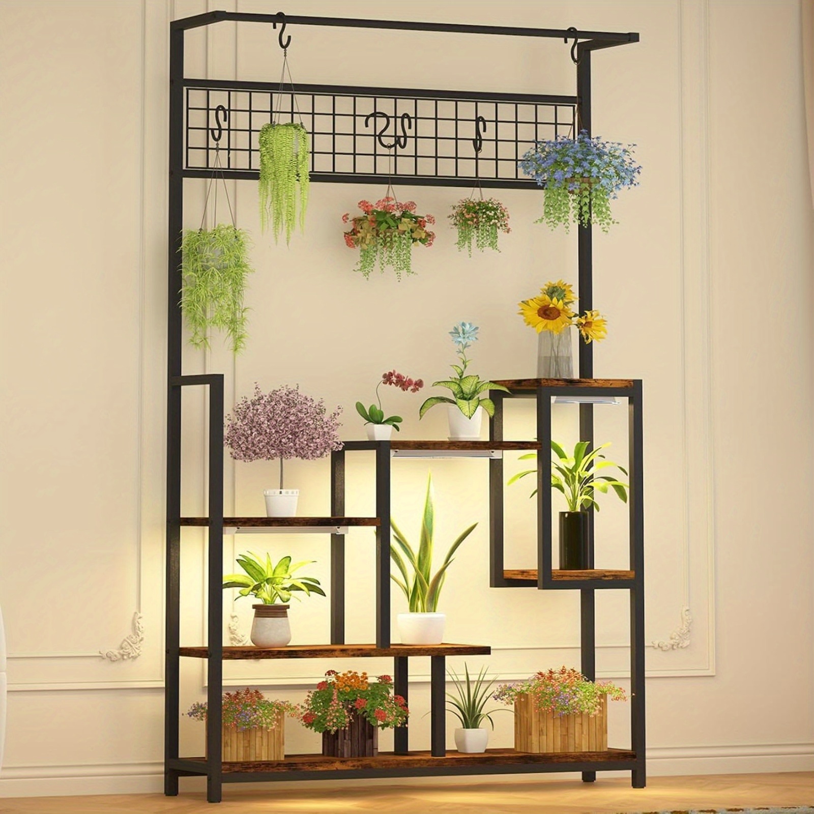 4-tier hanging plant stand, ladder plant shelf, tall plant holder with  metal frame for multiple plants, plant stand with hanging bar, trellis,  wheels for living room, balcony, patio, corner | Free Shipping
