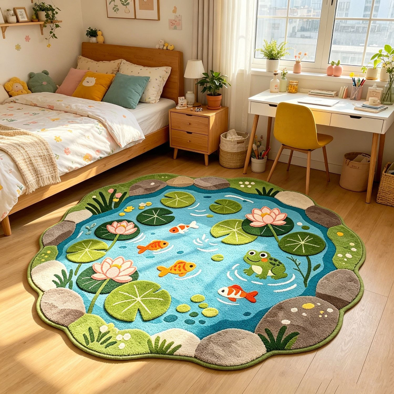 TEMU Faux 900g 1pc Cute And Fresh Living Room Pond Irregularly Shaped Rug, Cartoon Instagram-style Bedroom Decorative Bedside Carpet, Fluffy And Soft