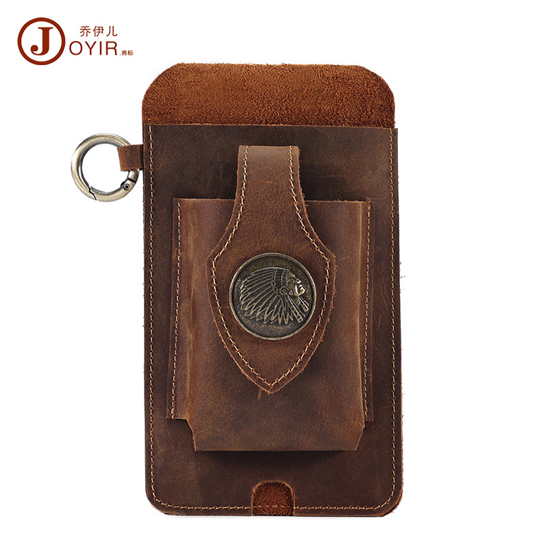 Image of Men's Vintage Full Grain Leather Belt Phone Waist Bag With Card Slots To Phones And Cards, Suitable For Outdoor Work Sites And Hiking, A Practical Gift For Mechanics And
