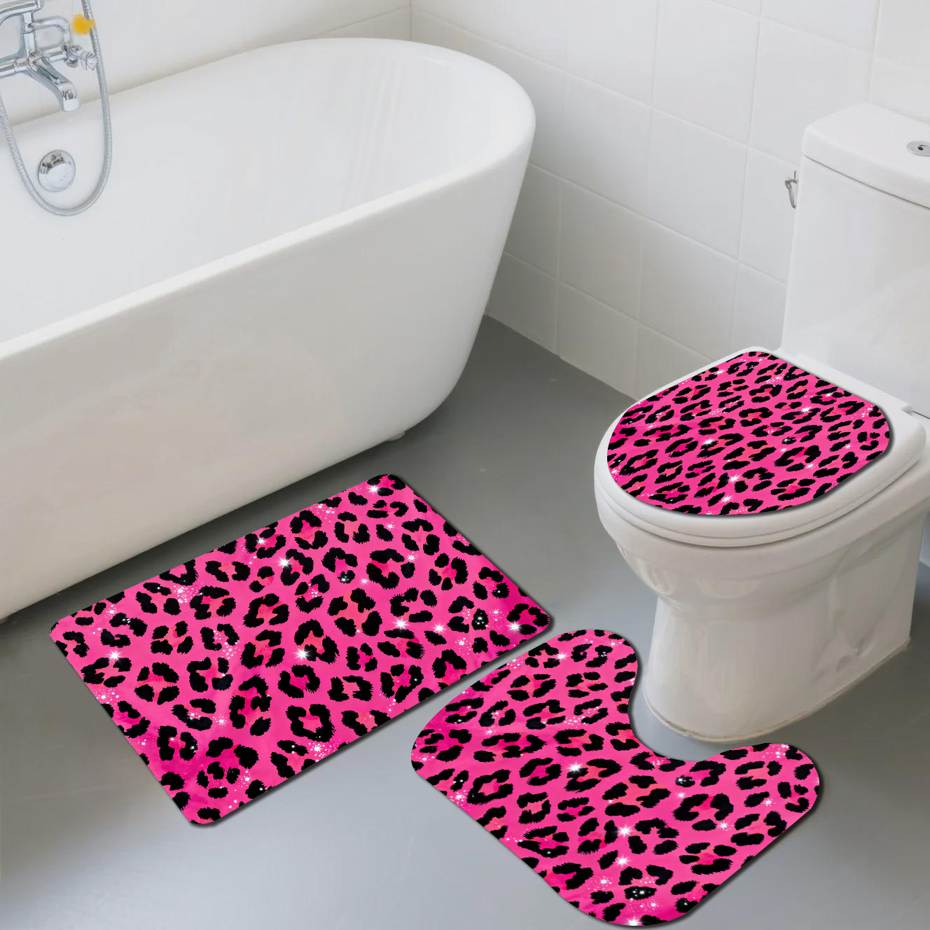 TEMU Flannel + Sponge + , 500g Per + 10mm Thickness, 3pcs Rose Pink Leopard Print Bathroom Mat Set With Toilet Lid Cover And U-shaped Mat