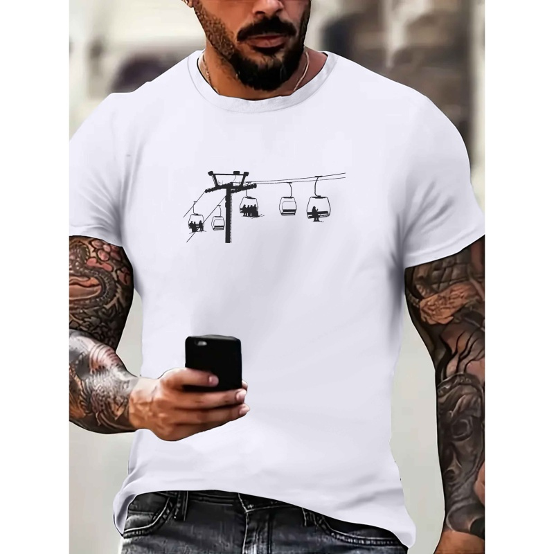 

[1pc Ski Lift Print T-shirt] 1pc Men's Casual Polyester Knit T-shirt With Ski Lift Print, Short Sleeve Crew Neck Tee For Summer - , Regular Length