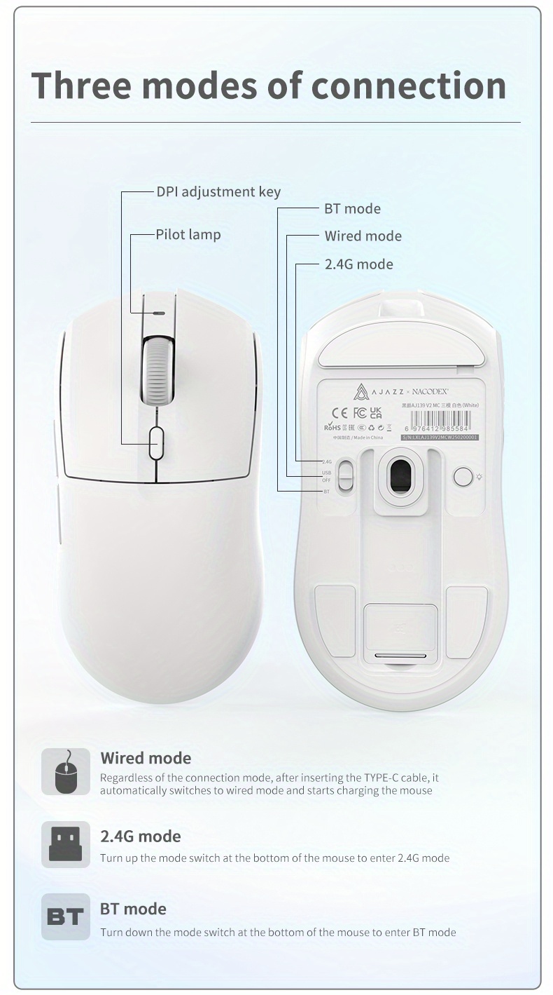 aj139v2 mc wireless 1000hz mouse suitable for gaming and   supports 2 4g wired lightweight weighs about 66  comfortable in hand mouse charging dock official standard Product details 7