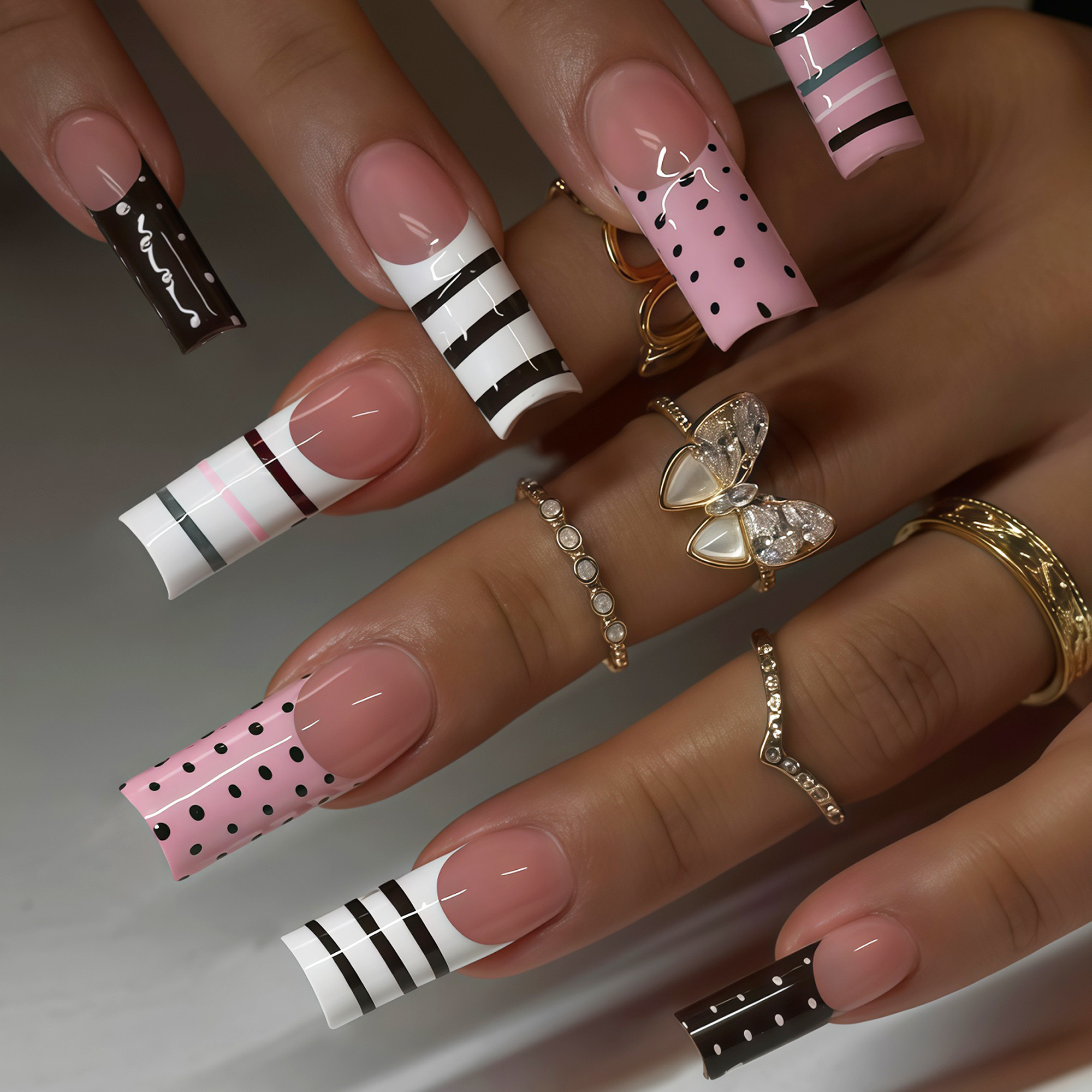 TEMU Show Your Beauty 24pcs Medium Water Pipe A Elegant Color-block Y2k Design Polka Dot Striped Glossy Finish Press-on Fake Nails, Fashionable And