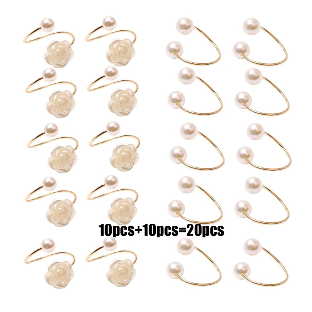 TEMU 20pcs/set Golden Metal Napkin Rings With Rose Flower & Pearl Beads - Elegant Suitable For Wedding, Birthday, Christmas Table Decorations, Rose