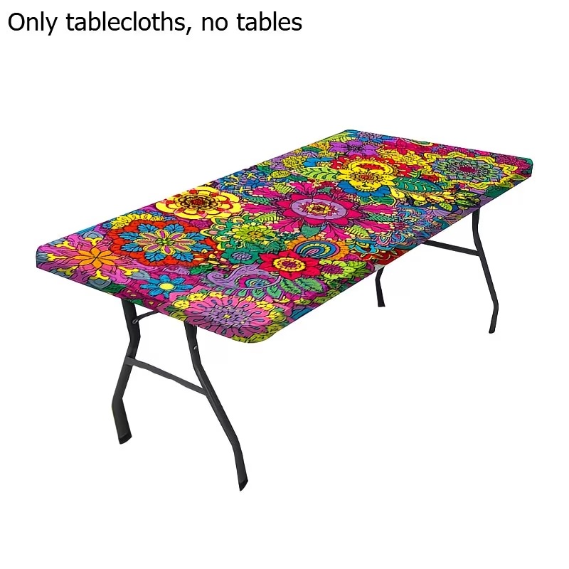 TEMU 1pc Colorful Bohemian Mandala Flower Floral Rectangle Fitted Table Cloth For Indoor Outdoor Patio Room Decor, Abstract Flower Picnic Camping