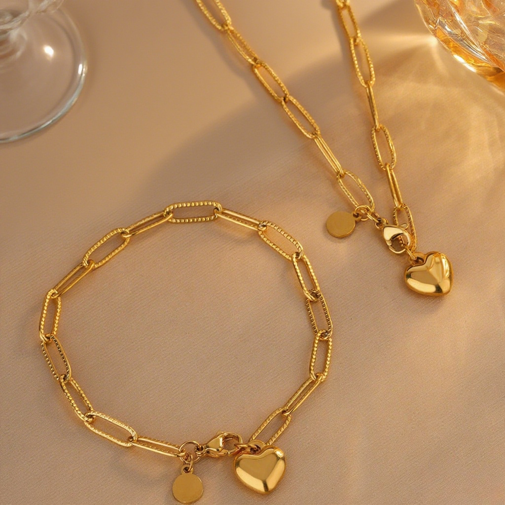 E-shop 2 Stück/Set Vielseitige Nischen-Edelstahl 18K vergoldete hypoallergene, nicht verblassende Herz-Kette Armband, geeignet für Männer Frauen, für