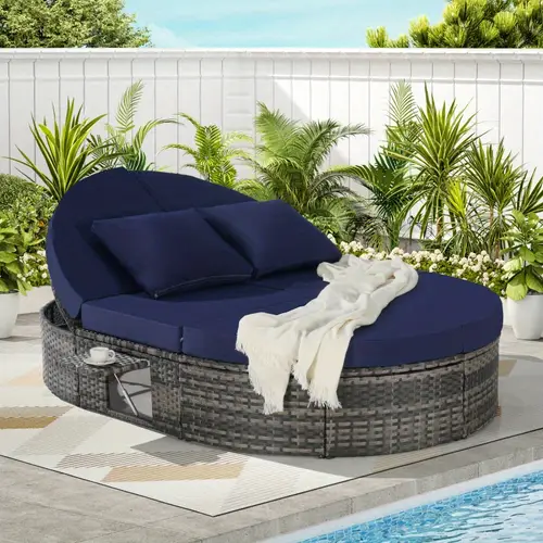 outdoor patio round daybed with adjustable backrests and foldable cup trays reclining outdoor lounger wicker rattan patio daybed with cushions and pillows for backyard poolside