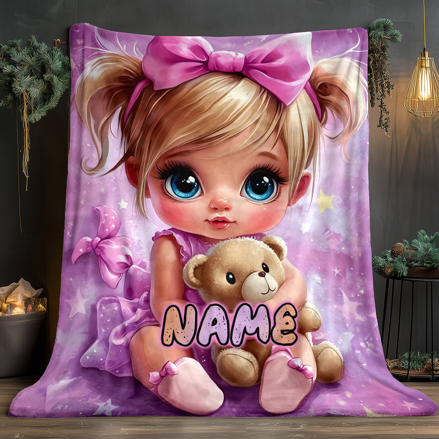 Customized ID Pink Cute Girl and Teddy Bear Flannel Blanket