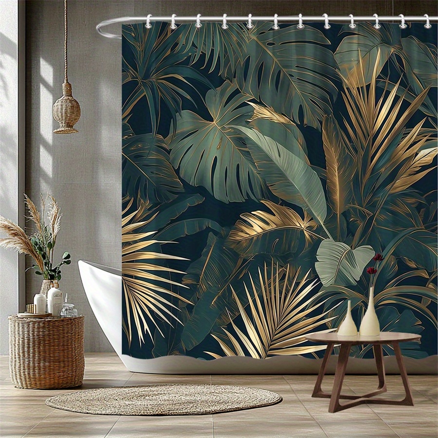 TEMU 1 rideau de douche Jungle , grand, feuilles luxuriantes vertes, Monstera, palmier, accents métalliques dorés, fond vert foncé, décoration de