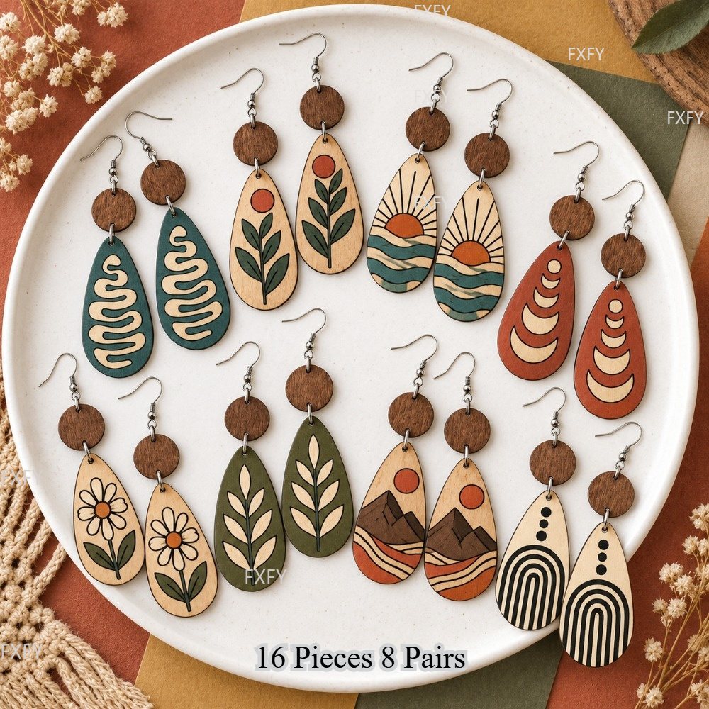 TEMU 16pcs 8 Pairs Random Boho Teardrop Pendant Minimalist Wooden Earrings Set, Elegant Style, Matches Dresses, Suitable For Daily Vacation Black