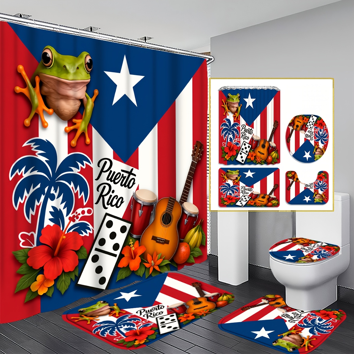 TEMU 4pcs Puerto Theme Shower Curtain Set, Polyester, , Includes, U-shaped, Toilet Lid Cover& 12 Hooks, 70.87x70.87 Inch, Ideal For Home Bathroom