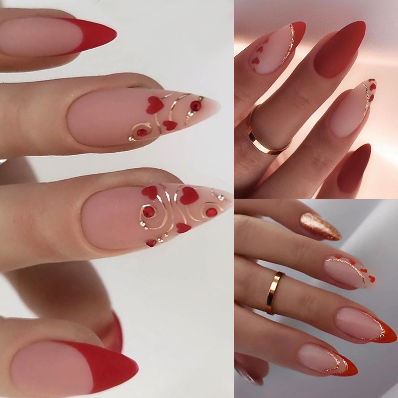 

72pcs (3 Pack) Red Wearing Nail, Medium Fake Nail, Red French Pointed Nail Plate, Rotating Line Fake Nail, Artificial Reusable Nail, Suitable For Women