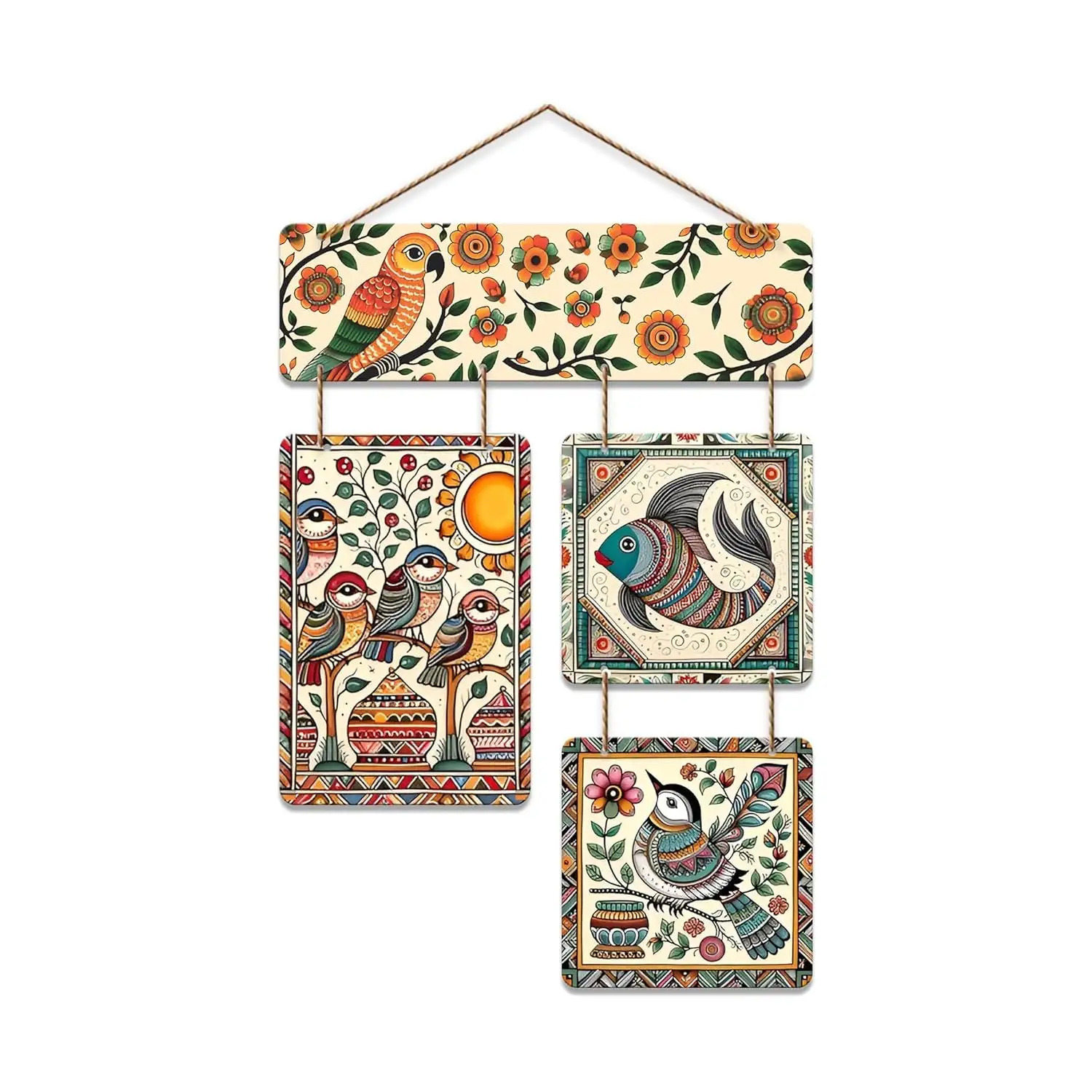 TEMU Wooden Bohemian Style Wall Plaque Featuring Birds And Flowers - Square Decoration For A Rustic Cottage, Colorful Birds In Beige Tones, Suitable