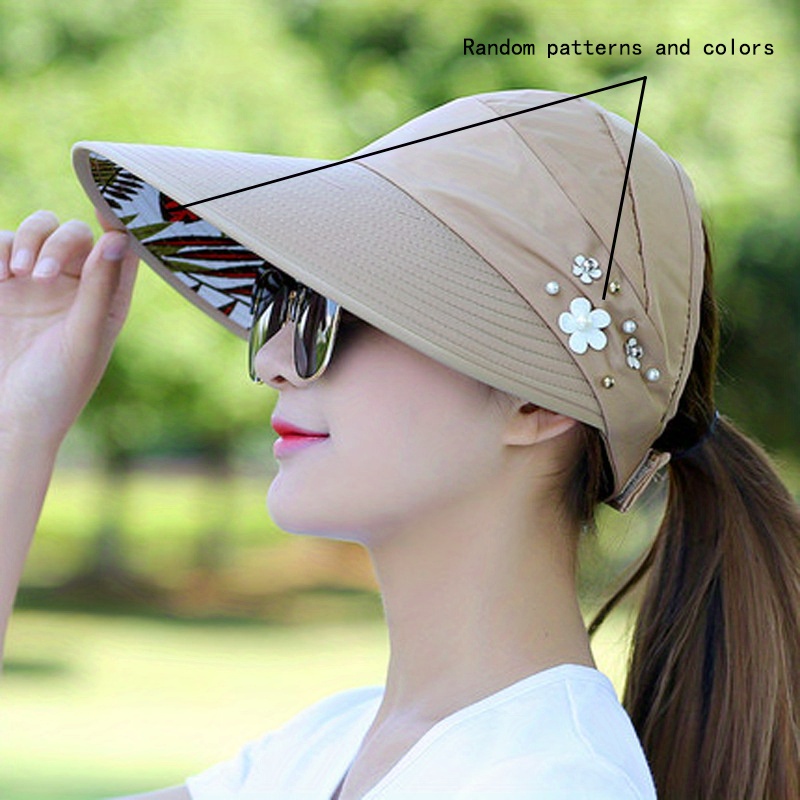 TEMU 1pc Women's Empty Hat, Ponytail Wide Brim Straw Hat With Faux Pearls And Floral Decor - Foldable, Lightweight Breathable, Suitable For Outdoor,