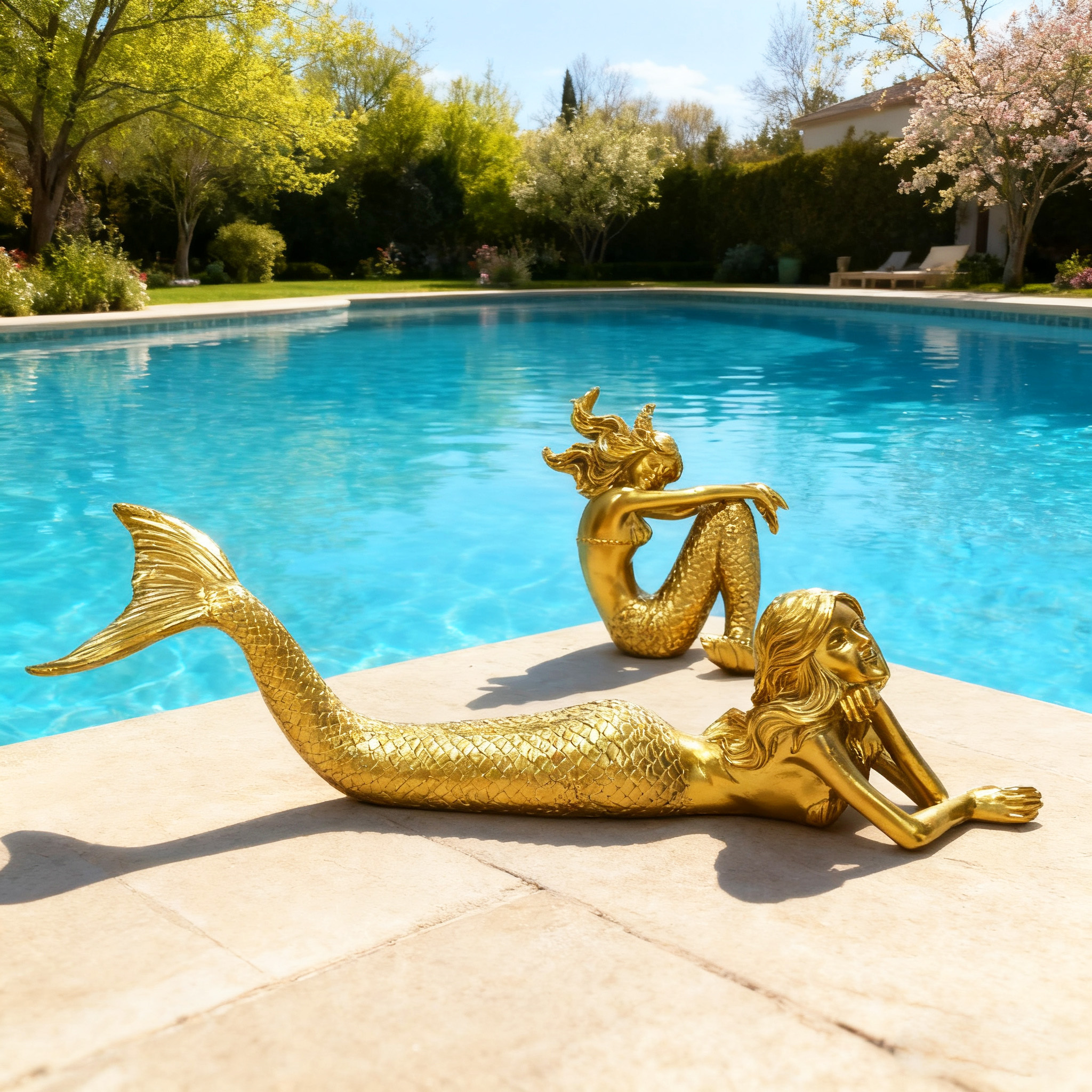 Large Golden Mermaid Ornament, Metallic Texture Resin Decoration