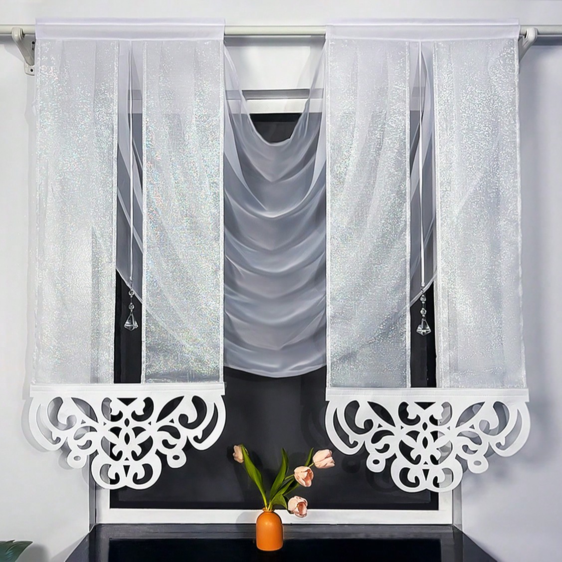 Image of European Vintage Style Floral Carved Decorative Curtain With Elegant Crystal Pendant Accents, Suitable For Living Room And Bedroom Decoration, 1pc, 78.74 Inches X 55.12 Inches