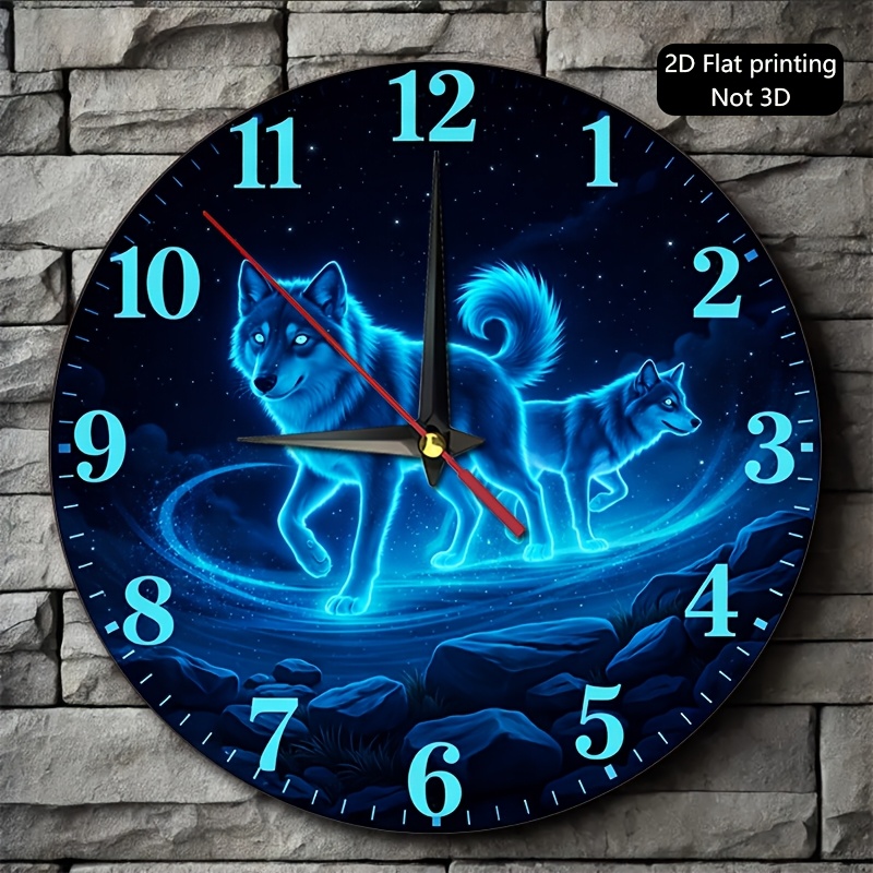 TEMU 1pc, 2d Flat Wall Clock, Luminous Blue Wolf Depicted On Starry Background, -the-dark Dog, Perfect For Decorating Living Room, Bedroom, Study,
