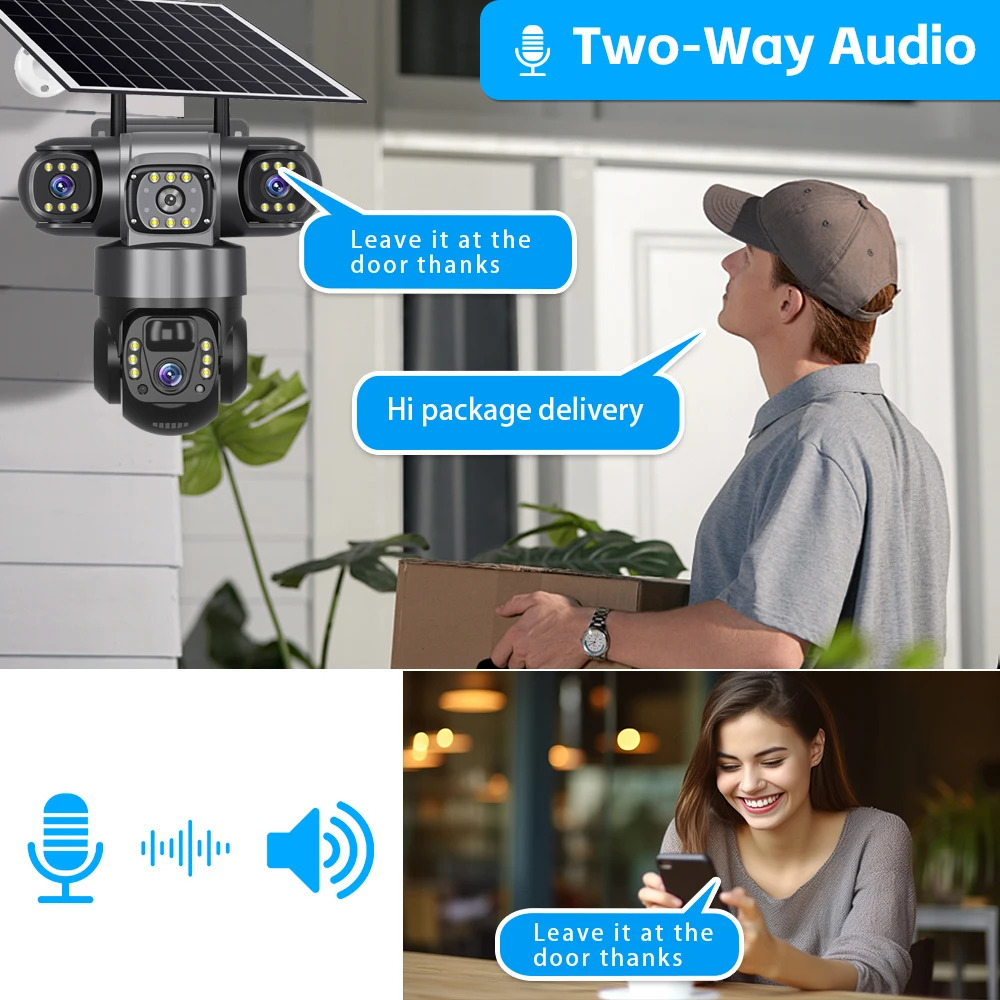 V380 Pro 3 Lens IP Solar Camera Outdoor Security CCTV Night Vision Two-Way Audio Camera Mobile Tracking 4G IP Camera
