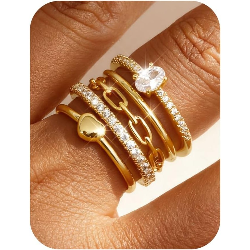 Image of 5pcs Non Tarnish Dainty Stackable Rings For Women | Waterproof, Minimalist Thin Stack Design, Synthetic Zirconia And Copper Alloy Plating, Size 5, By Milacolato