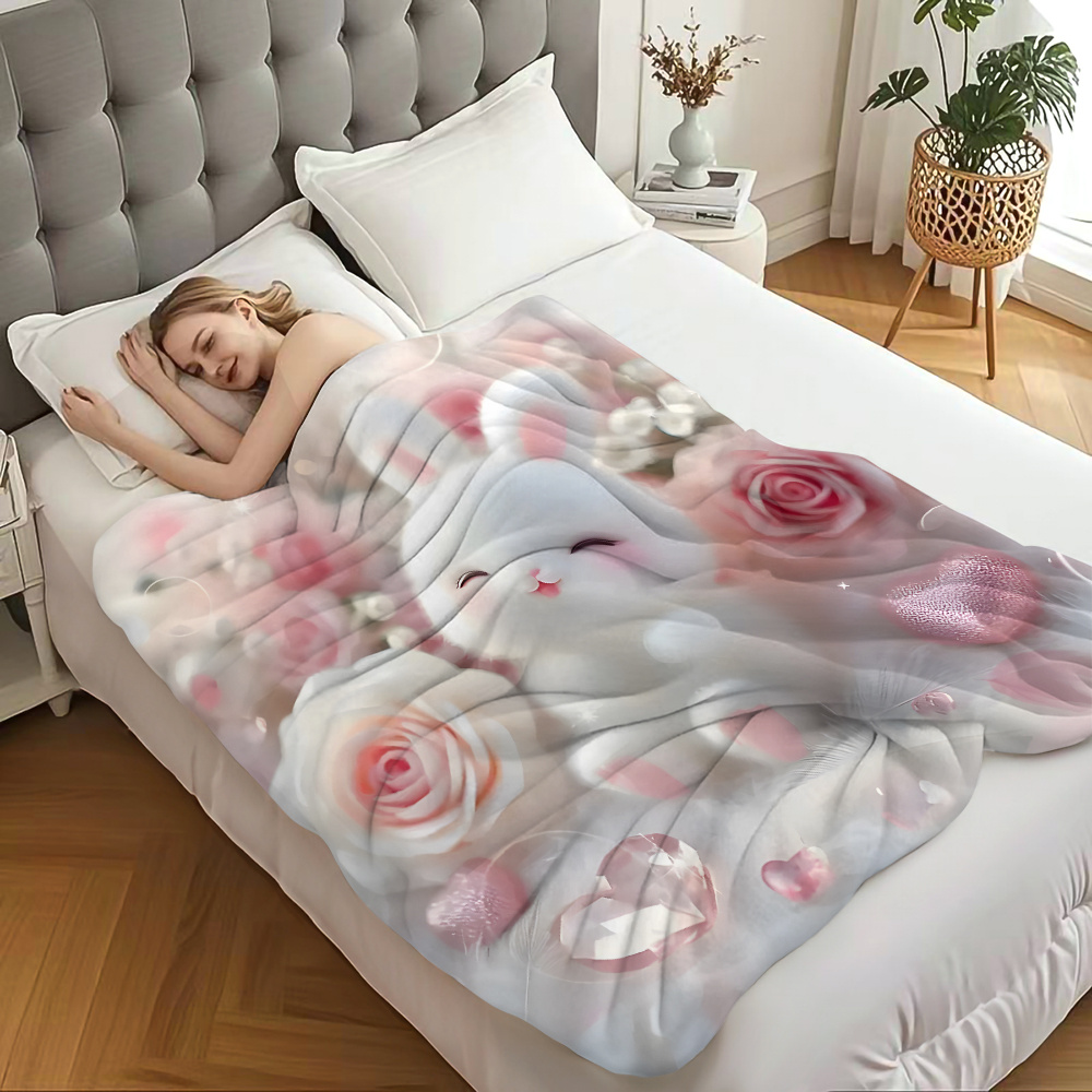 Soft Pink Rabbit Pattern Printed Portable Blanket for Travel