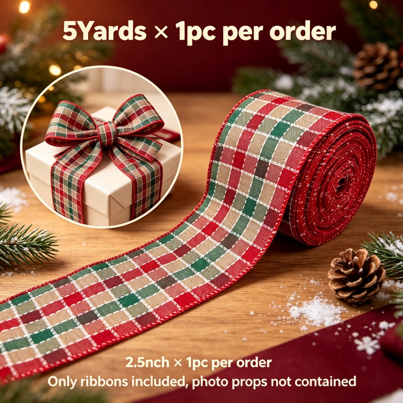 TEMU 5 Yards de Ruban Plaid Jute Filé de 6,3CM (2,5 Pouces), Motif Bufflé pour Noël, Fabrication de Nœuds, Couronne de Fête, Décoration Intérieure,