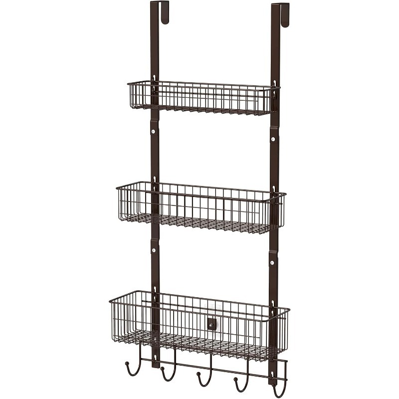 Over The Door Basket Organizer With 3 Mesh Baskets And 5 Hooks Heavy Duty Pantry Door Organizer Back Of Door Storage Rack For Bathroom, Kitchen, Office, White, Black, Brown