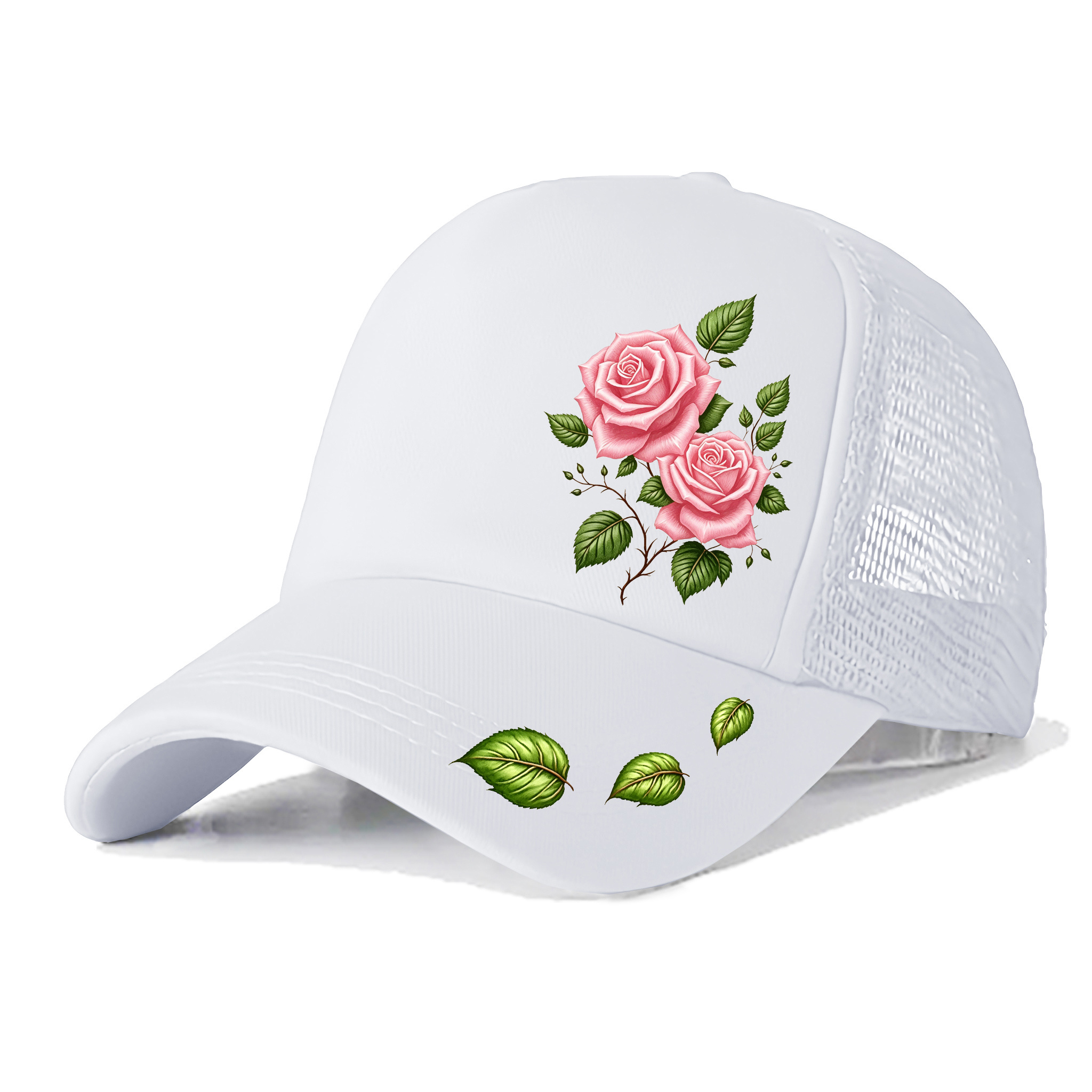 TEMU Women's Fashion Trucker Hat, Adjustable Mesh Baseball Cap With Rose Printed, Lightweight Breathable Sun Cap For Outdoor Casual Summer