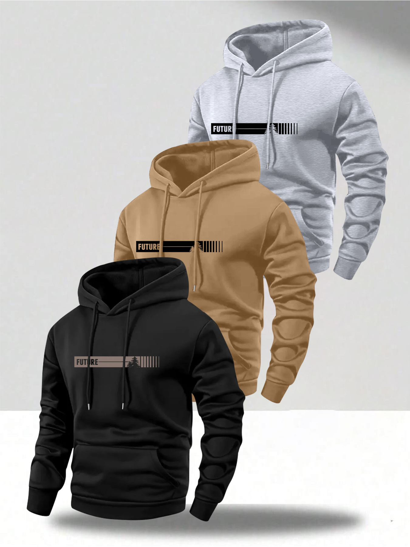 Men's 3pcs Hooded Sweatshirt Set, Long Sleeve Pullover with Kangaroo Pocket and Drawstring Hood, Graphic Print Streetwear for Gym, Jogging, Outdoor Activities, Machine Washable Casual Autumn/Winter Sportswear, Ideal for Daily Wear and Outdoor Use