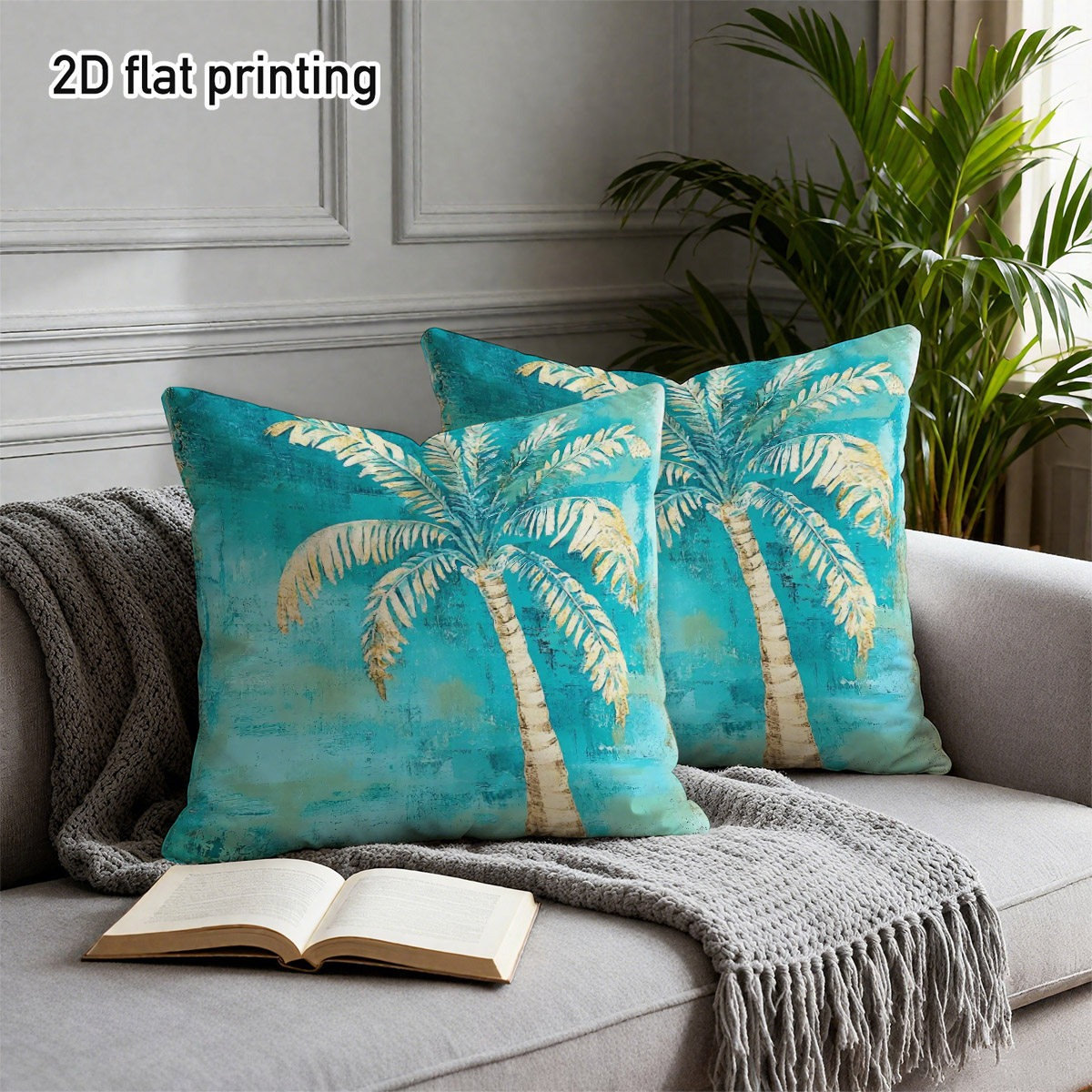 TEMU 2d Flat - 2pcss 2d Plane Printing Flat 2pcs Pillowcases, Printed, Background With Palm Tree Pattern, Ideal For Beach-themed Sofas, Tropical